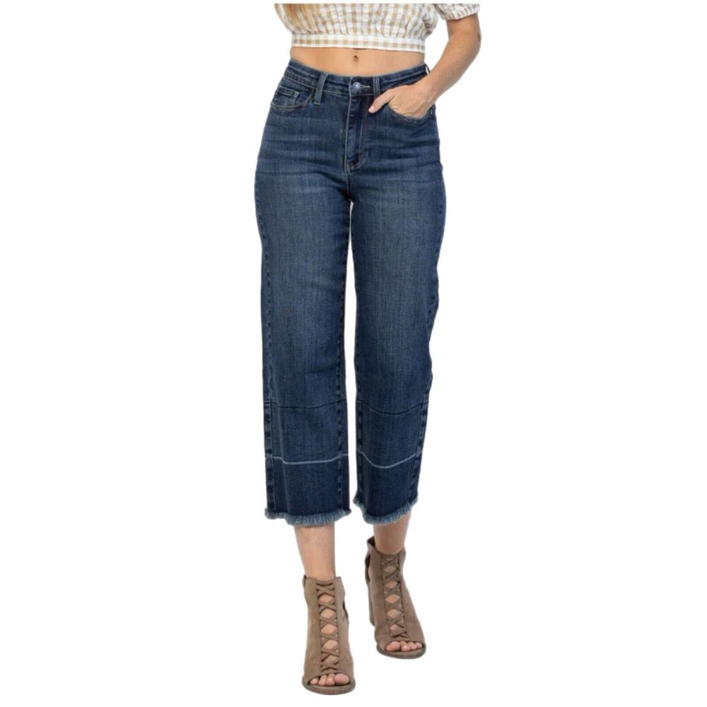 Judy Blue Wide Leg Crop Jeans Womens 13/31 Stretch High Rise Denim Raw Hem Boho
